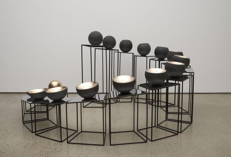 <i>Bronze Tsukimi: No. 1</i>; 2017; bronze, stainless steel, mirror stainless steel; 85 x 168 x 167 cm